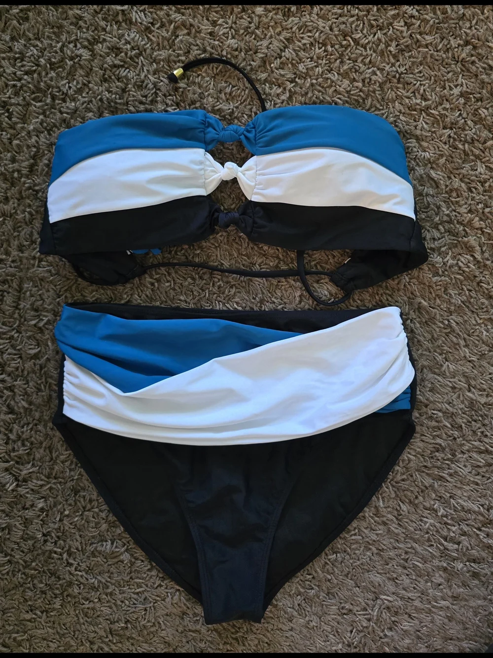 Teal White Black Colorblock Twist Bandeau Bikini - Women Swim. Size L. NWOT
